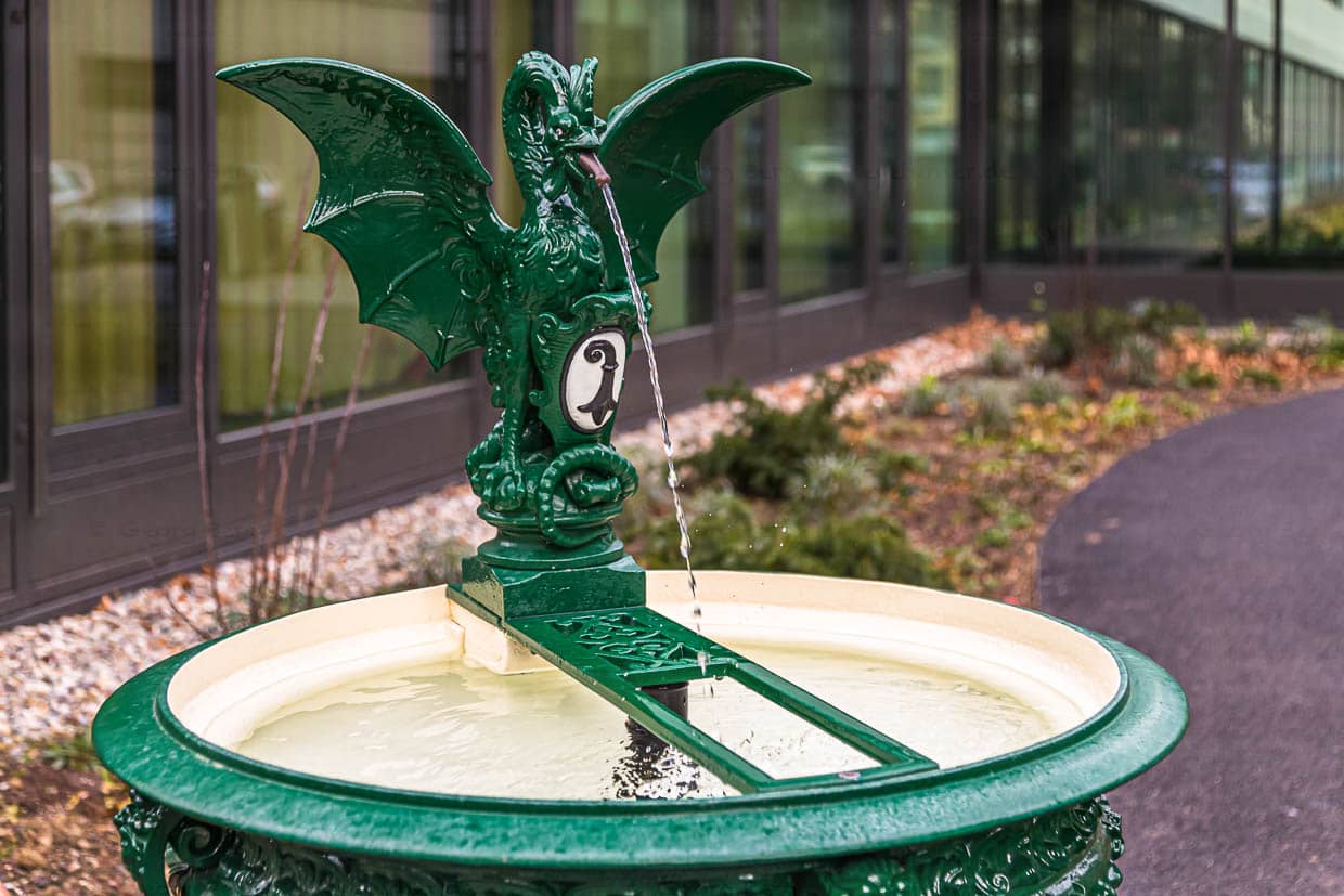 Die Figur auf den Baseler Basilisk-Trinkwasser-Brunnen spielt auch in der Harry Potter Erzählung in der Kammer des Schreckens eine Rolle / © Foto: Georg Berg